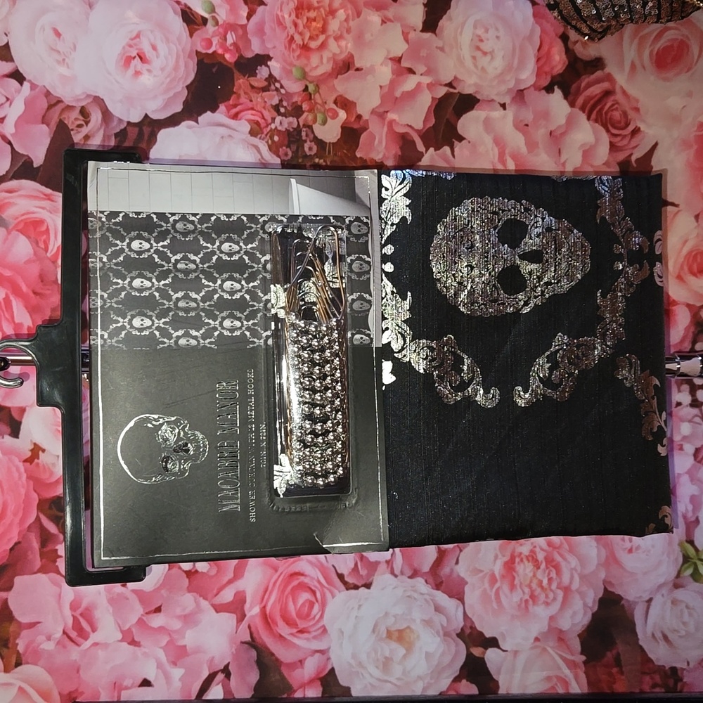 Macabre Manor skulls shower curtain black and silver with 12 silver hooks